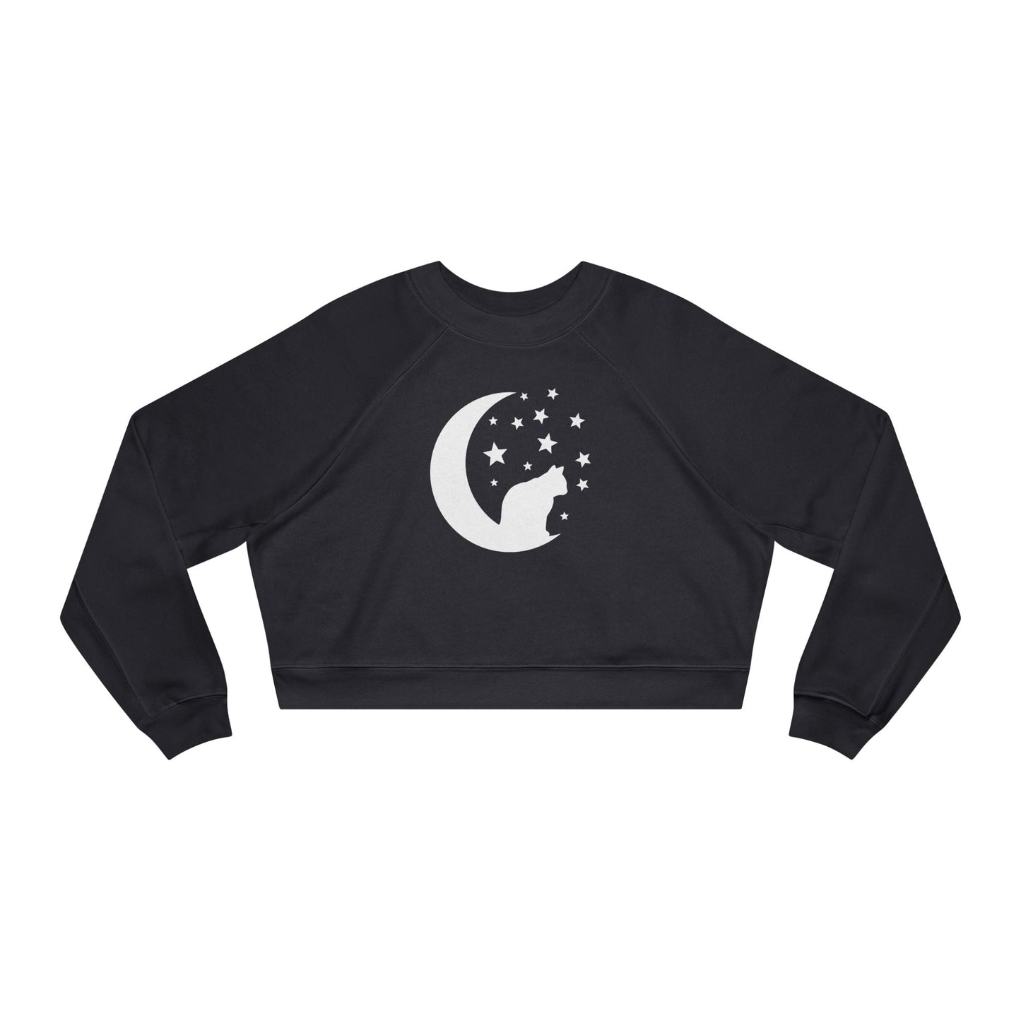 Cute Cat and Moon Women's Cropped Fleece Pullover, Cozy Sweatshirt, Gift for Cat Lovers, Starry Night Vibe, Fall Fashion, Cutecore