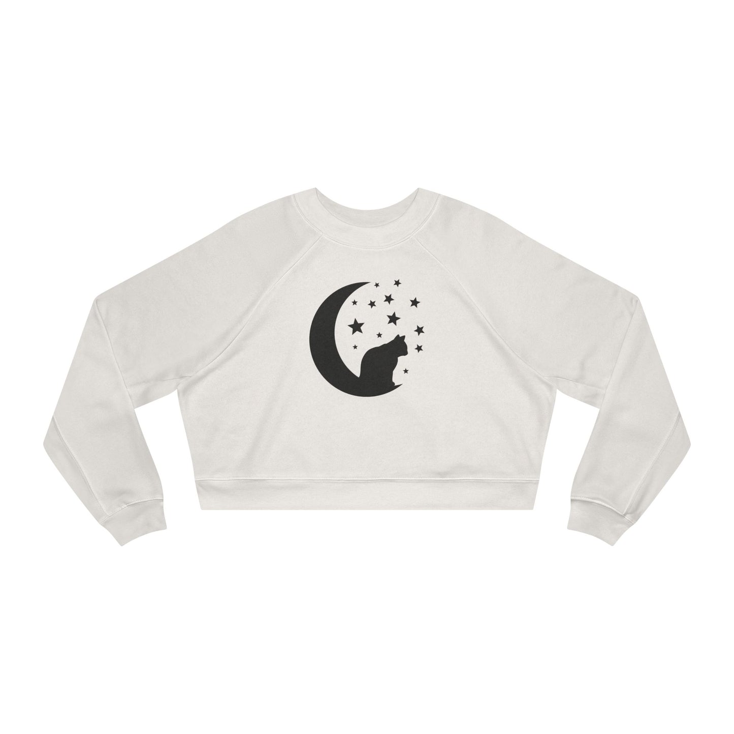 Cute Cat and Moon Women's Cropped Fleece Pullover, Cozy Sweatshirt, Gift for Cat Lovers, Starry Night Vibe, Fall Fashion, Cutecore