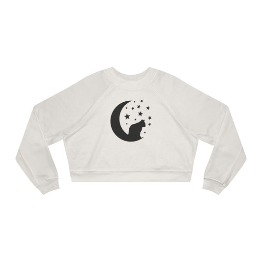 Cute Cat and Moon Women's Cropped Fleece Pullover, Cozy Sweatshirt, Gift for Cat Lovers, Starry Night Vibe, Fall Fashion, Cutecore