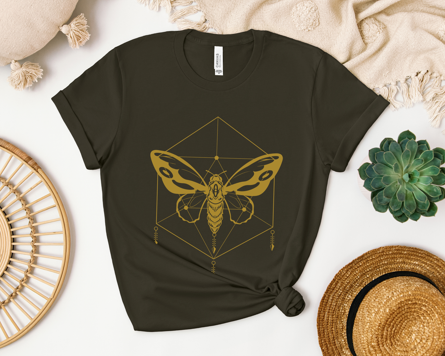 Geometric Moth Design T-Shirt- Minimalist Style for Witchy & Cottagecore Aesthetic