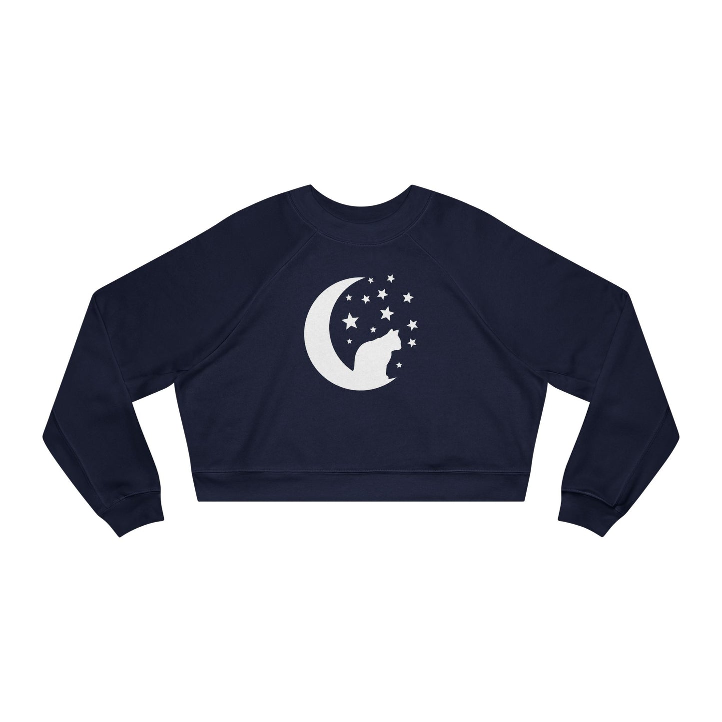 Cute Cat and Moon Women's Cropped Fleece Pullover, Cozy Sweatshirt, Gift for Cat Lovers, Starry Night Vibe, Fall Fashion, Cutecore