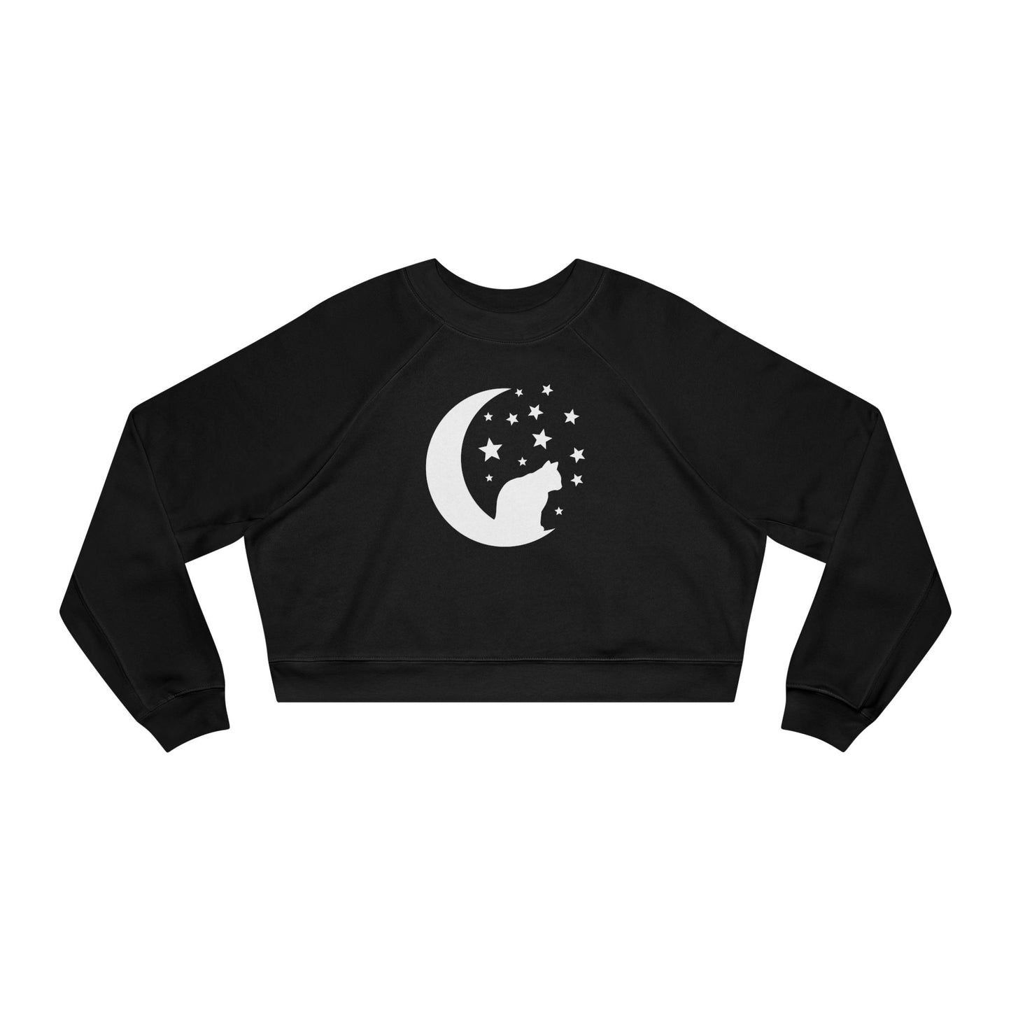 Cute Cat and Moon Women's Cropped Fleece Pullover, Cozy Sweatshirt, Gift for Cat Lovers, Starry Night Vibe, Fall Fashion, Cutecore