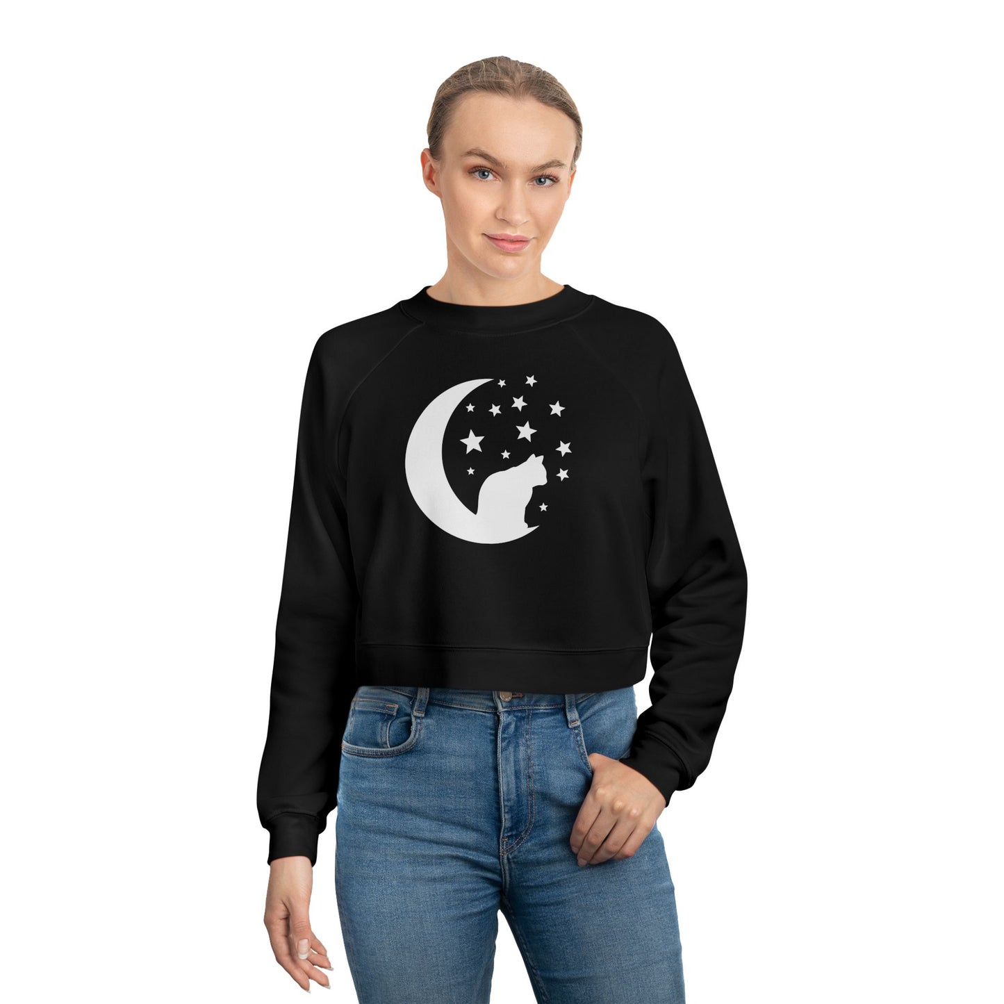 Cute Cat and Moon Women's Cropped Fleece Pullover, Cozy Sweatshirt, Gift for Cat Lovers, Starry Night Vibe, Fall Fashion, Cutecore