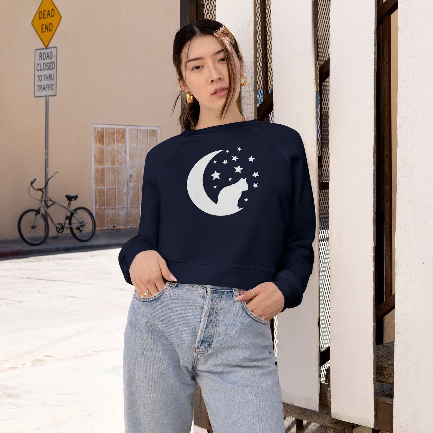 Cute Cat and Moon Women's Cropped Fleece Pullover, Cozy Sweatshirt, Gift for Cat Lovers, Starry Night Vibe, Fall Fashion, Cutecore