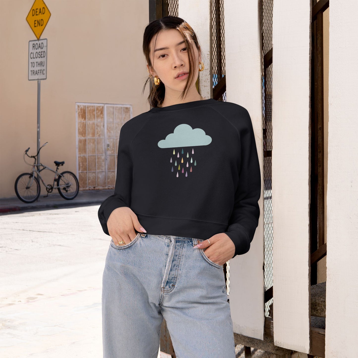Cropped Fleece Pullover with Cute Rain Cloud Design, Cozy Sweatshirt for Women, Casual Athleisure, Cutecore