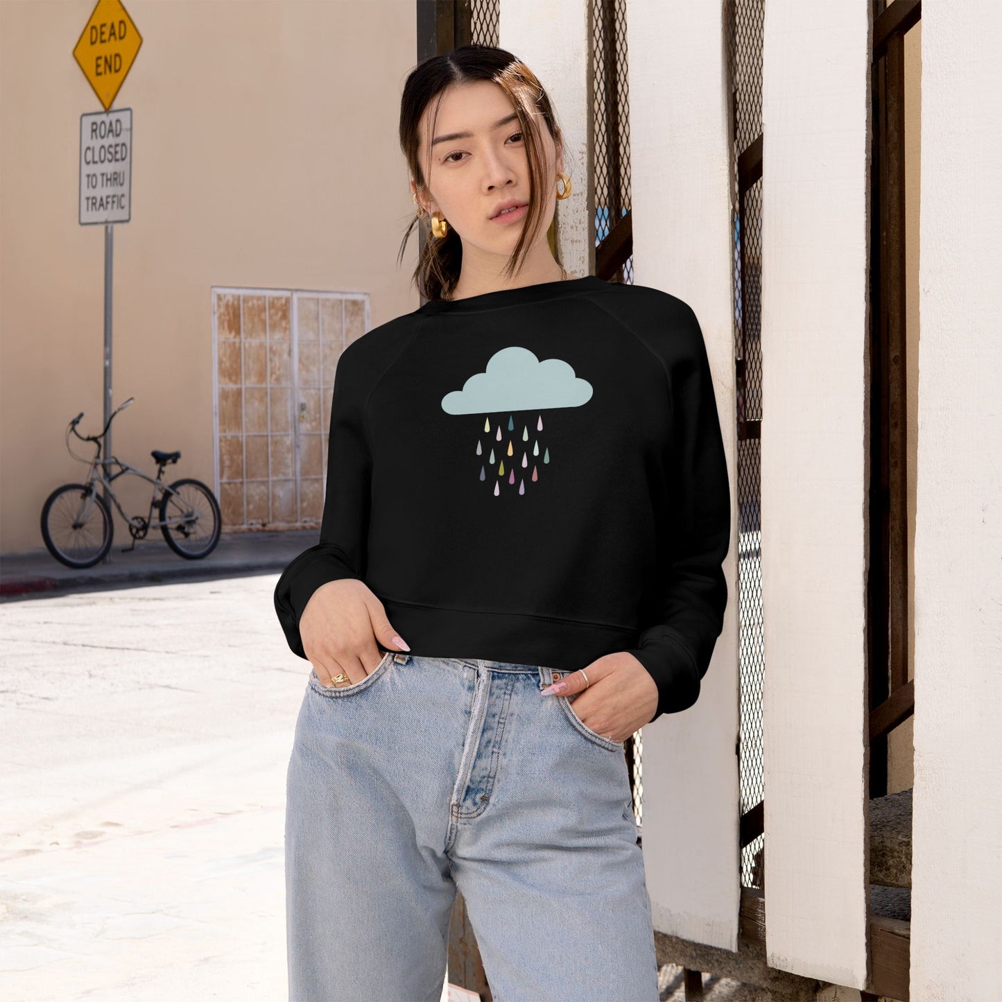 Cropped Fleece Pullover with Cute Rain Cloud Design, Cozy Sweatshirt for Women, Casual Athleisure, Cutecore