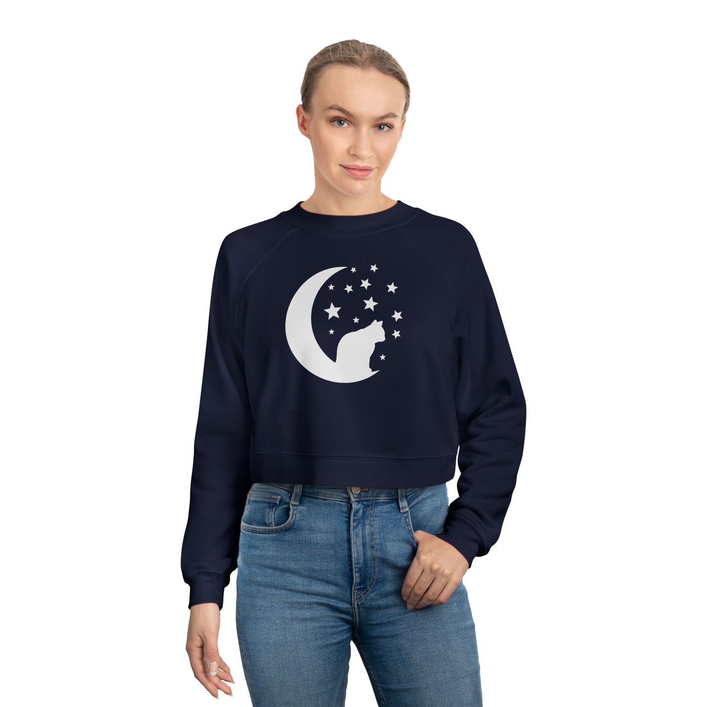 Cute Cat and Moon Women's Cropped Fleece Pullover, Cozy Sweatshirt, Gift for Cat Lovers, Starry Night Vibe, Fall Fashion, Cutecore