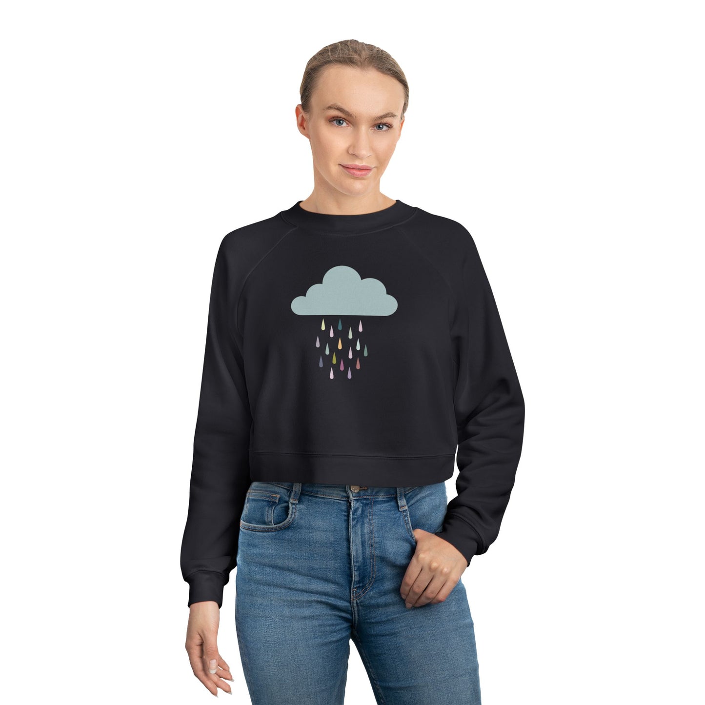 Cropped Fleece Pullover with Cute Rain Cloud Design, Cozy Sweatshirt for Women, Casual Athleisure, Cutecore