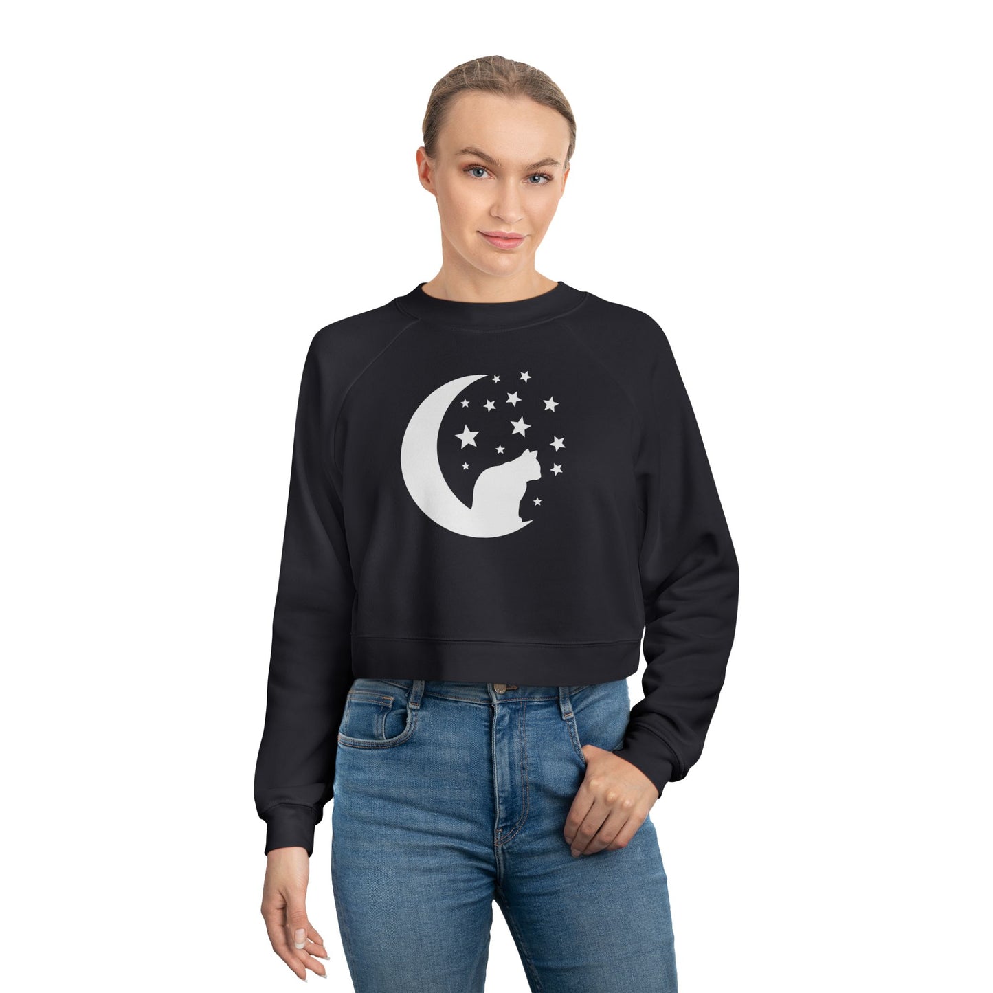 Cute Cat and Moon Women's Cropped Fleece Pullover, Cozy Sweatshirt, Gift for Cat Lovers, Starry Night Vibe, Fall Fashion, Cutecore