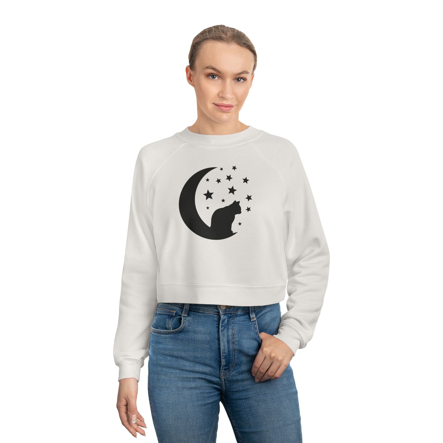 Cute Cat and Moon Women's Cropped Fleece Pullover, Cozy Sweatshirt, Gift for Cat Lovers, Starry Night Vibe, Fall Fashion, Cutecore