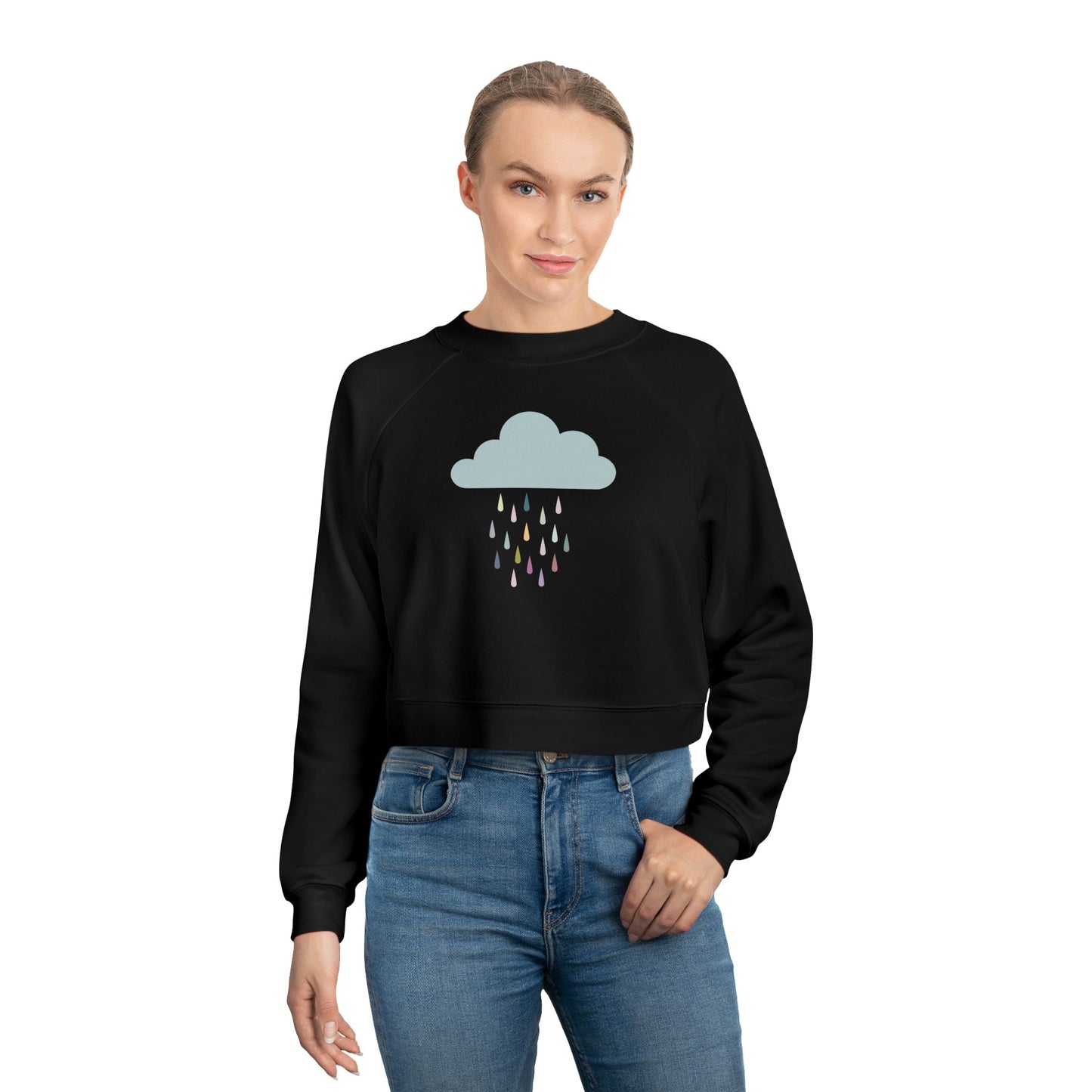 Cropped Fleece Pullover with Cute Rain Cloud Design, Cozy Sweatshirt for Women, Casual Athleisure, Cutecore