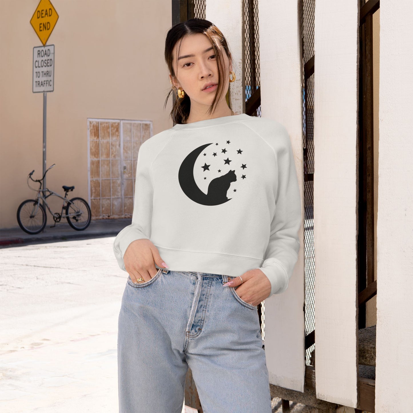 Cute Cat and Moon Women's Cropped Fleece Pullover, Cozy Sweatshirt, Gift for Cat Lovers, Starry Night Vibe, Fall Fashion, Cutecore