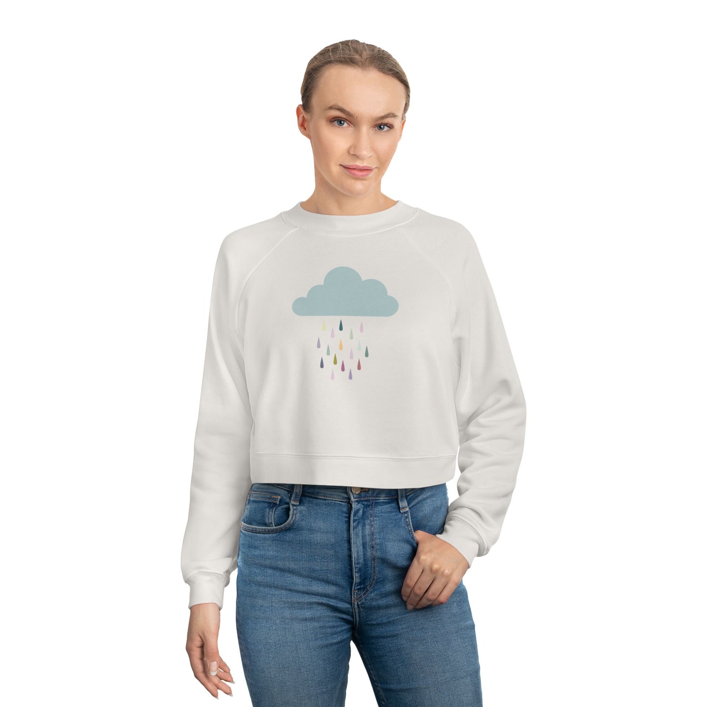 Cropped Fleece Pullover with Cute Rain Cloud Design, Cozy Sweatshirt for Women, Casual Athleisure, Cutecore