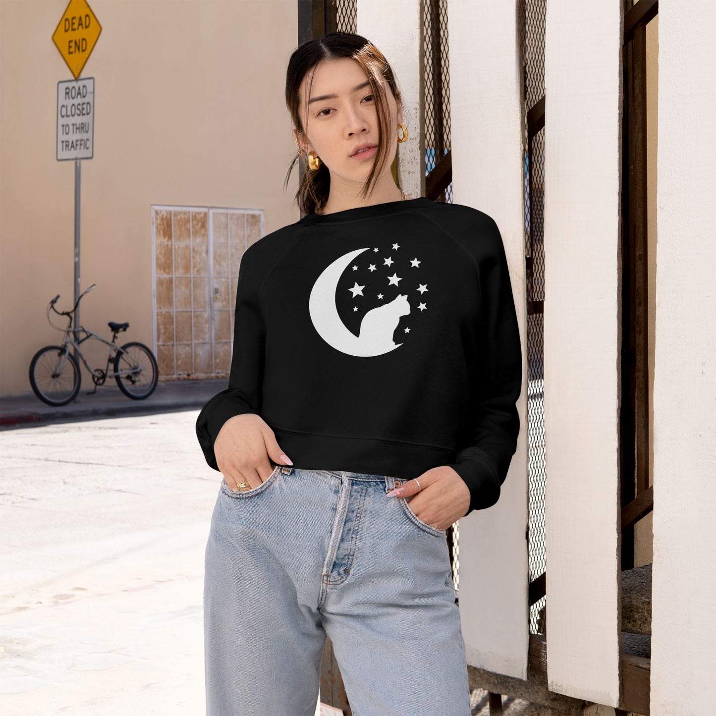 Cute Cat and Moon Women's Cropped Fleece Pullover, Cozy Sweatshirt, Gift for Cat Lovers, Starry Night Vibe, Fall Fashion, Cutecore