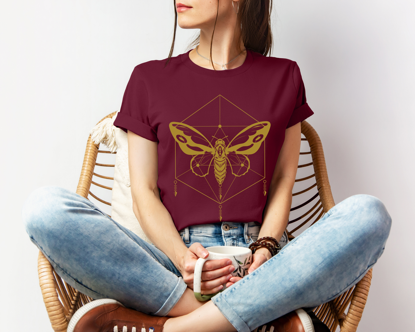 Geometric Moth Design T-Shirt- Minimalist Style for Witchy & Cottagecore Aesthetic